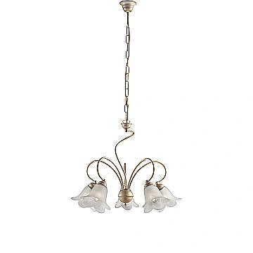 Lampadario 5 Luci Alice Ferro Battuto Avorio E Oro Vetro Bianco 