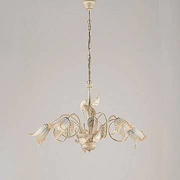 Lampadario Classico 5 Luci Foglie In Ferro Battuto Vetro Avorio Oro Serie Limone