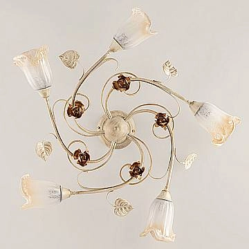 Plafoniera Classica Arte Povera 5 Luci Ferro Battuto Avorio E Oro Serie Cestino