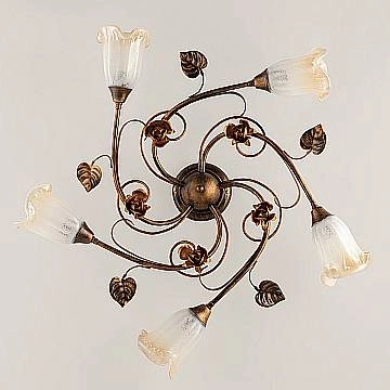 Plafoniera Classica Arte Povera 5 Luci Ferro Battuto Marrone E Oro Serie Cestino