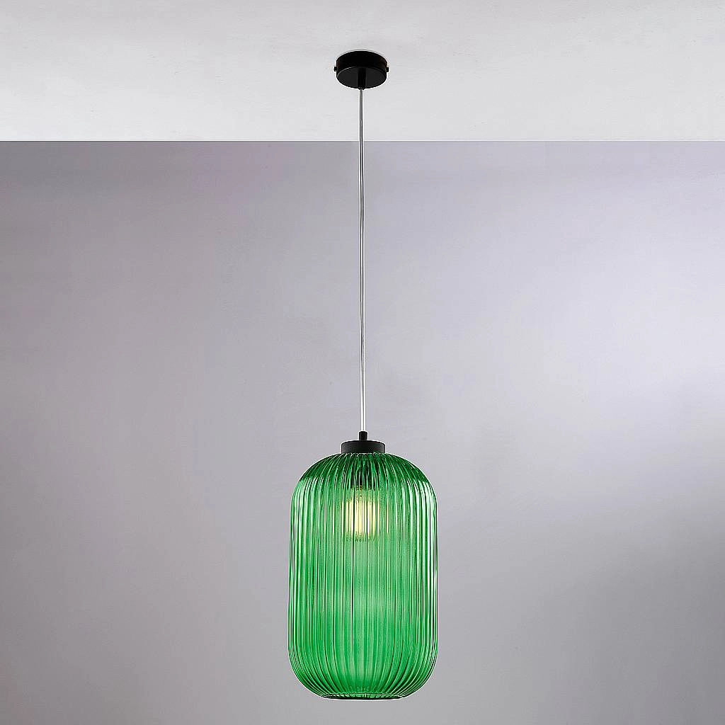 Sospensione 1 Luce Krizia In Ferro Nero E Vetro Verde Effetto Plisse'