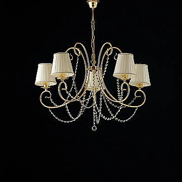Lampadario Shabby Chic Magda Metallo E Cristallo Oro 5 Luci E14 Con Paralume