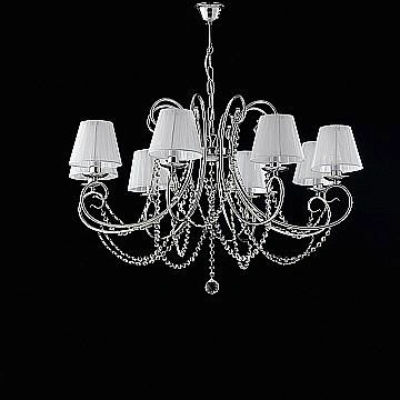 Lampadario Shabby Chic Magda Metallo E Cristallo Cromo 8 Luci E14 Con Paralume