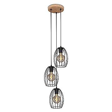 Lampadario Vintage Industrial Waktu Metallo Nero Legno Marrone 3 Luci E27