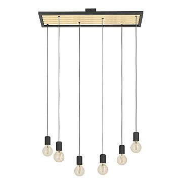 Lampadario A Sospensione Vintage Consett Acciaio Nero Legno 6 Luci E27