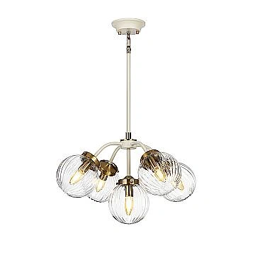 Lampadario Contemporaneo Cosmos Acciaio Crema Vetro Ottone 5 Luci E14