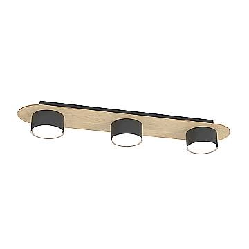 Plafoniera 3 Luci Diaz In Acciaio Nero E Legno Naturale Diffusore A Cilindro