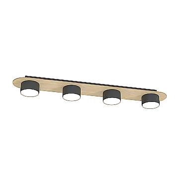 Plafoniera 4 Luci Diaz In Acciaio Nero E Legno Naturale Diffusore A Cilindro