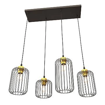 Sospensione Minimal Industrial Minerva 4 Luci Lineari Nera E Oro