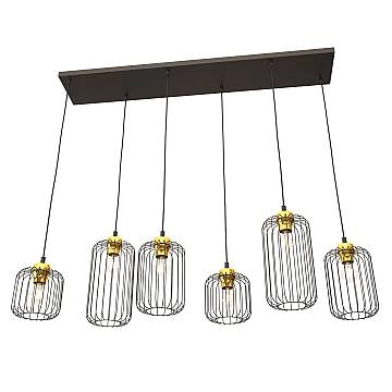Sospensione Minimal Industrial Minerva 6 Luci Lineari Nera E Oro
