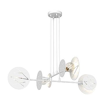 Lampadario 4 Luci Mercurio In Acciaio Bianco A Bracci E Diffusori A Cerchio