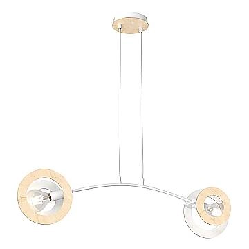 Lampadario 2 Luci Rea Acciaio Bianco Legno Naturale E Diffusori Doppio Cerchio