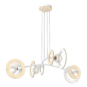 Lampadario 4 Luci Rea Acciaio Bianco Legno Naturale E Diffusori Doppio Cerchio