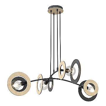 Lampadario 4 Luci Rea Acciaio Nero Legno Naturale E Diffusori Doppio Cerchio