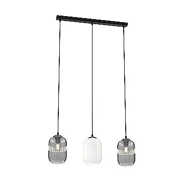 Lampadario 3 Luci Selene In Acciaio Nero E Vetri Plissettati In Bianco E Fumè