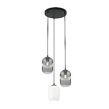 Lampadario 3 Luci Selene Base Tonda Acciaio Nero Vetri Plissettati Bianco E Fumè