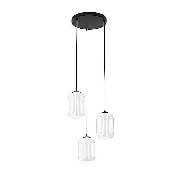Lampadario 3 Luci Selene Base Tonda In Acciaio Nero E Vetri Plissettati Bianchi