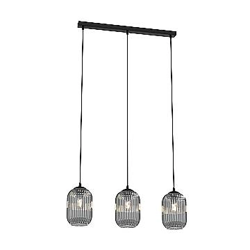 Lampadario 3 Luci Selene In Acciaio Nero E Vetri Plissettati Fumè