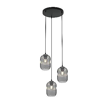 Lampadario 3 Luci Selene Base Tonda In Acciaio Nero E Vetri Plissettati Fumè