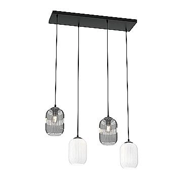 Lampadario 4 Luci Selene In Acciaio Nero E Vetri Plissettati In Bianco E Fumè