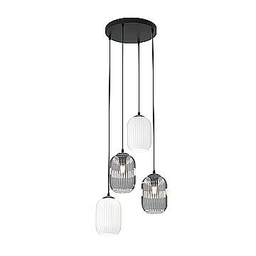 Lampadario 4 Luci Selene Base Tonda Acciaio Nero Vetri Plissettati Bianco E Fumè