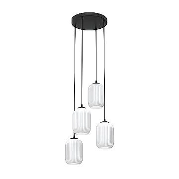 Lampadario 4 Luci Selene Base Tonda In Acciaio Nero E Vetri Plissettati Bianchi