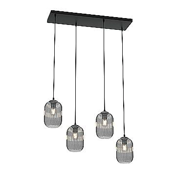 Lampadario 4 Luci Selene In Acciaio Nero E Vetri Plissettati Fumè
