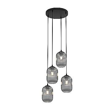 Lampadario 4 Luci Selene Base Tonda In Acciaio Nero E Vetri Plissettati Fumè