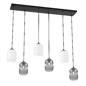 Lampadario 6 Luci Selene In Acciaio Nero E Vetri Plissettati In Bianco E Fumè