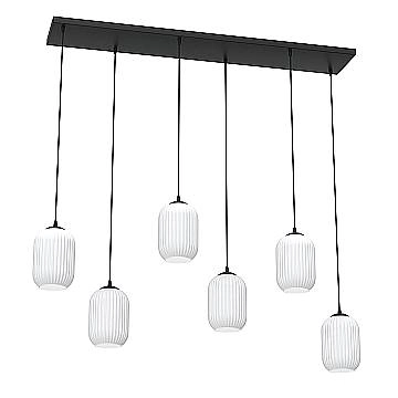 Lampadario 6 Luci Selene In Acciaio Nero E Vetri Plissettati Bianchi