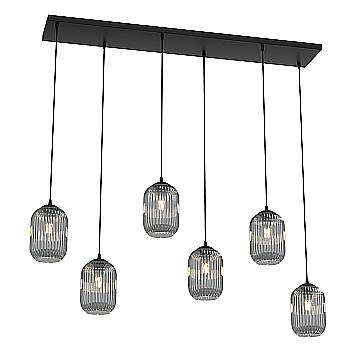 Lampadario 6 Luci Selene In Acciaio Nero E Vetri Plissettati Fumè