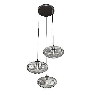 Lampadario 3 Luci Iris Base Tonda In Acciaio Nero Paralume Plissettato Fumè