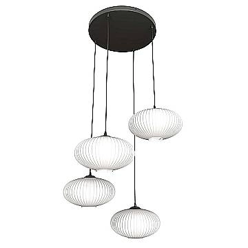 Lampadario 4 Luci Iris Base Tonda In Acciaio Nero Paralume Plissettato Bianco