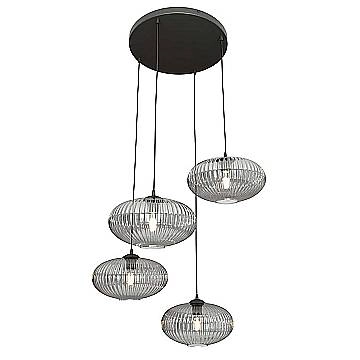 Lampadario 4 Luci Iris Base Tonda In Acciaio Nero Paralume Plissettato Fumè