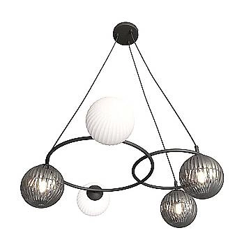 Lampadario 5 Luci Eolo A Cerchi E Diffusori In Vetro Rigato Opale E Fumè
