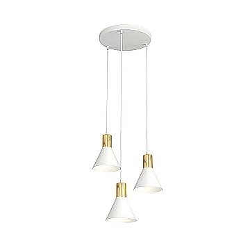 Lampadario 3 Luci Heimdall Base Tonda Acciaio Bianco E Paralumi Conici Bianco E Oro