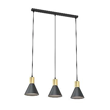 Lampadario 3 Luci Heimdall In Acciaio Nero E Paralumi Conici Nero E Oro