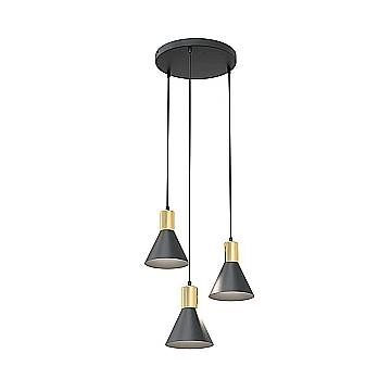 Lampadario 3 Luci Heimdall Base Tonda In Acciaio Nero E Paralumi Conici Nero E Oro