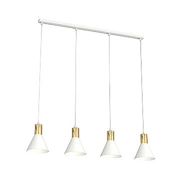 Lampadario 4 Luci Heimdall In Acciaio Bianco E Paralumi Conici Bianco E Oro