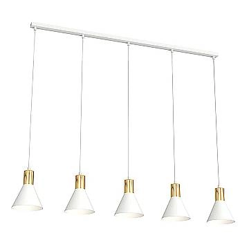 Lampadario 5 Luci Heimdall In Acciaio Bianco E Paralumi Conici Bianco E Oro