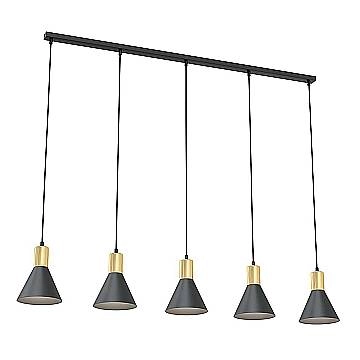 Lampadario 5 Luci Heimdall In Acciaio Nero E Paralumi Conici Nero E Oro