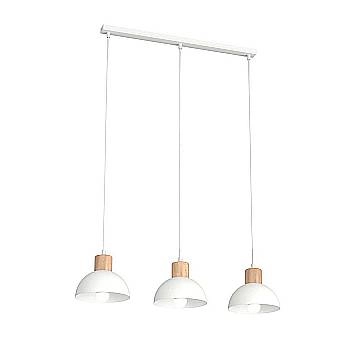 Sospensione Nordica 3 Luci Thoth In Acciaio Bianco A Cupola E Legno Naturale