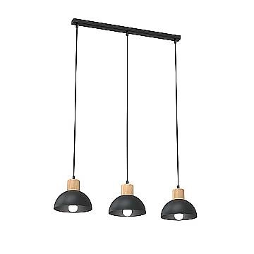 Sospensione Nordica 3 Luci Thoth In Acciaio Nero A Cupola E Legno Naturale
