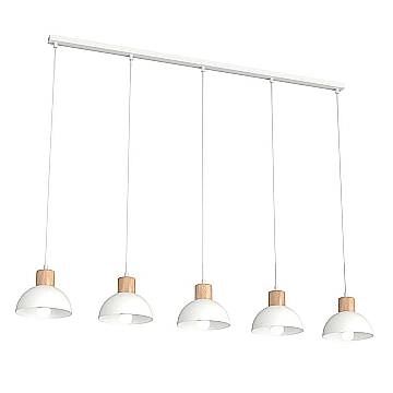 Sospensione Nordica 5 Luci Thoth In Acciaio Bianco A Cupola E Legno Naturale