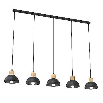 Sospensione Nordica 5 Luci Thoth In Acciaio Nero A Cupola E Legno Naturale