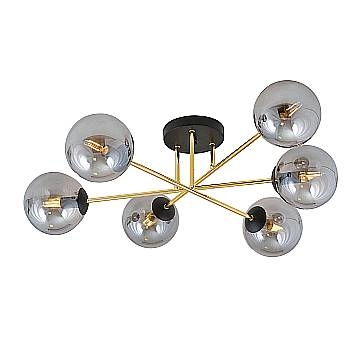 Plafoniera Moderna Magnium 6 Luci In Acciao Oro E Sfere In Vetro Fumè