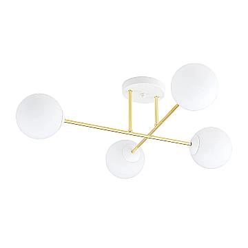 Plafoniera Moderna Magnium 4 Luci In Acciao Oro E Sfere In Vetro Bianco