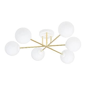 Plafoniera Moderna Magnium 6 Luci In Acciao Oro E Sfere In Vetro Bianco