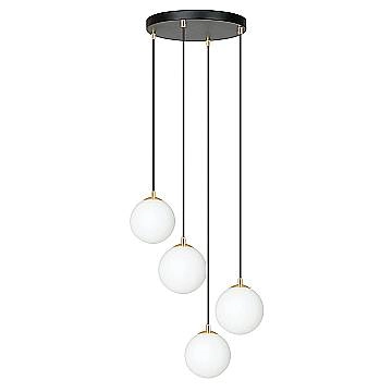 Sospensione Contemporanea Nuada 4 Luci In Acciaio Nero/Oro Sfere Vetro Bianco