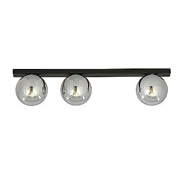 Plafoniera Moderna 3 Luci Giapeto Barra In Acciaio Nero E Sfere Di Vetro Fumè Plafoniera Moderna 3 Luci Giapeto Barra In Acciaio Nero E Sfere Di Vetro Fumè